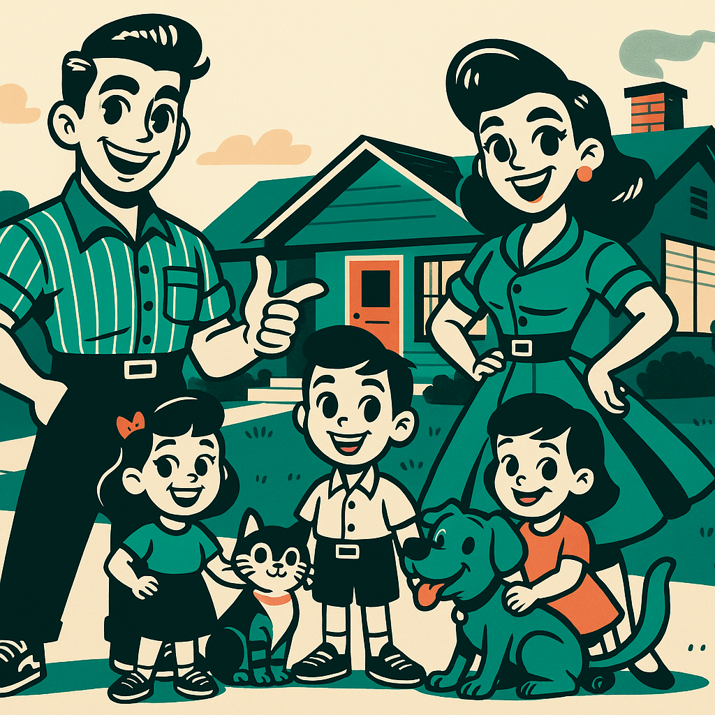 Luke and Mary Ann with their children and pets in front of their home