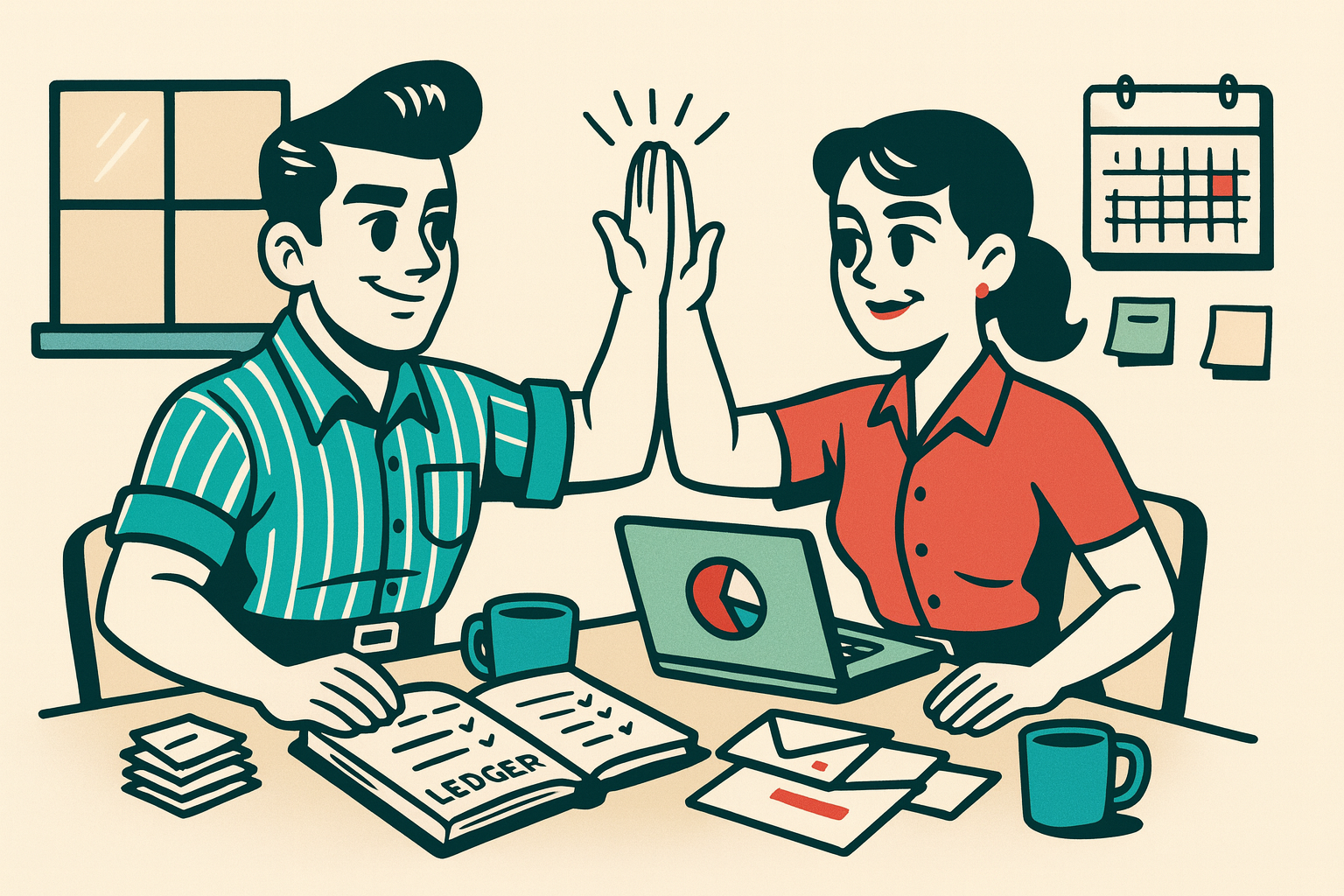 Mascots looking over a household ledger